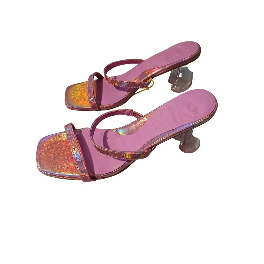 Iridescent Pink Square Toe Sandals Clear Heart Block Heel OM-P24-169 Womens 9‎